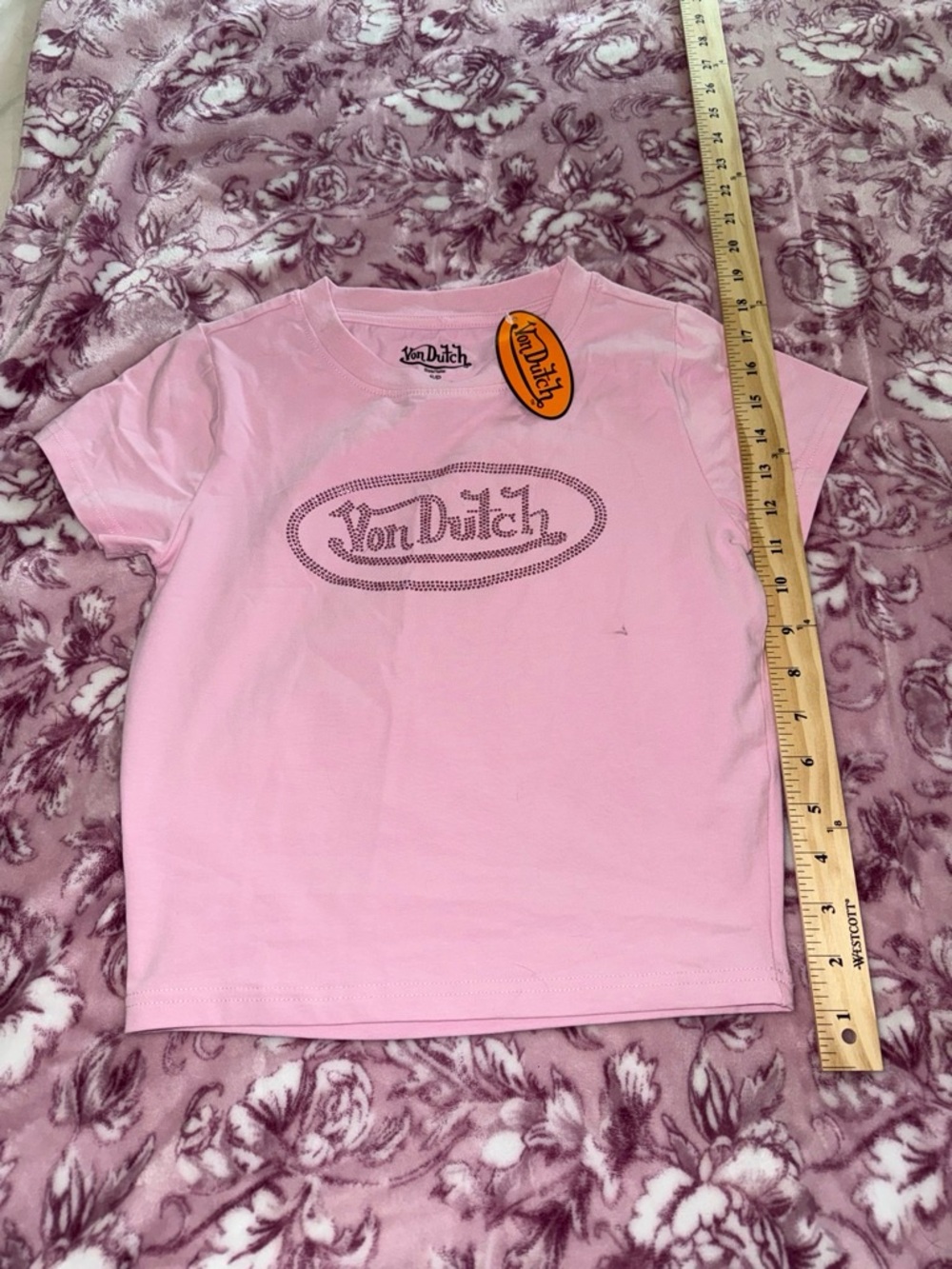 Von Dutch Pink Rhinestone Logo Crop Tee